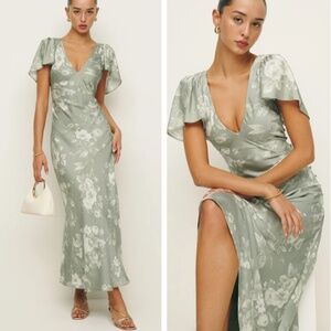 Reformation Vida Satin Maxi Dress - Vendela Green Ivory Floral